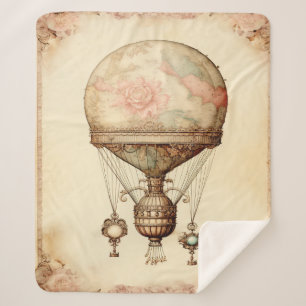 Vintage Steampunk Floral Hot Air Balloon Sherpa Blanket
