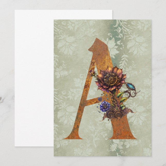 Vintage Steampunk Floral Letter A Note Cards (Front/Back)