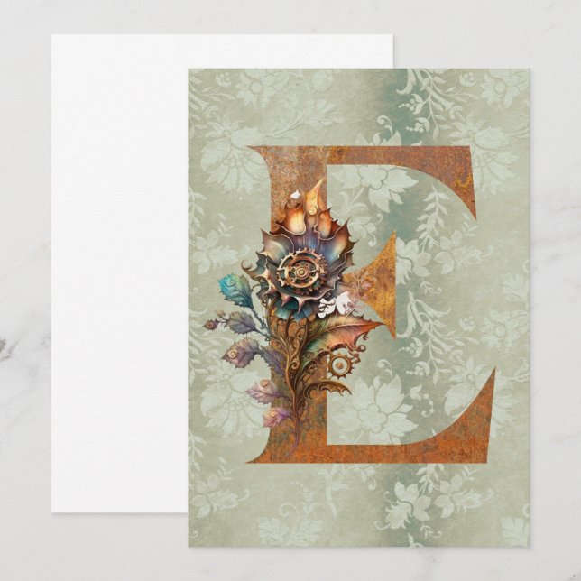 Vintage Steampunk Floral Letter E Note Cards (Front/Back)