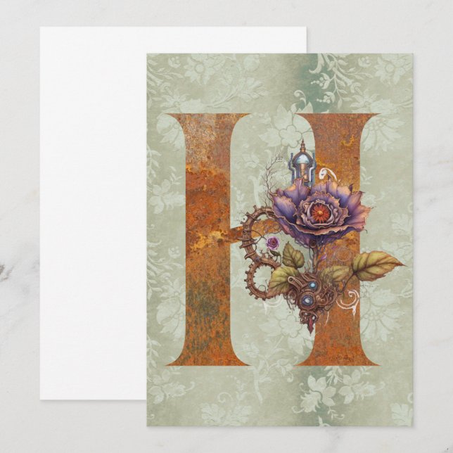 Vintage Steampunk Floral Letter H Note Cards (Front/Back)