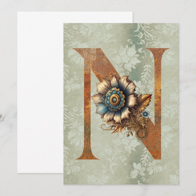 Vintage Steampunk Floral Letter N Note Cards (Front/Back)