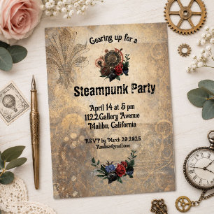 Vintage Steampunk Gears & Roses Custom Invitation