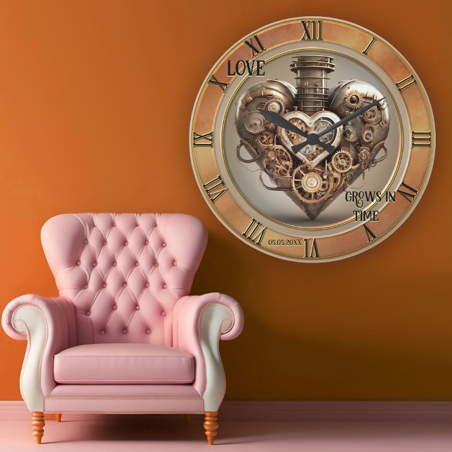 Vintage Steampunk Heart Anniversary Round Clock (Wall clock featuring a steampunk heart with vintage Roman clock numbers in a gold classic style)
