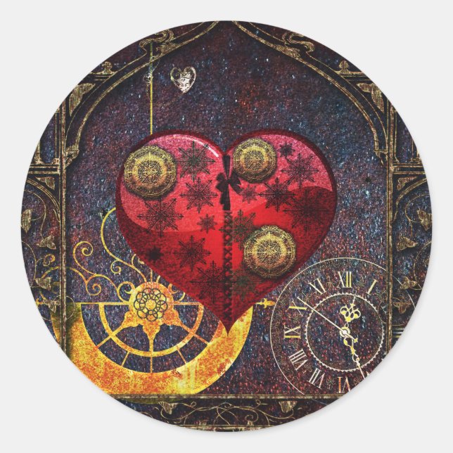 Vintage Steampunk Hearts Wallpaper Classic Round Sticker (Front)