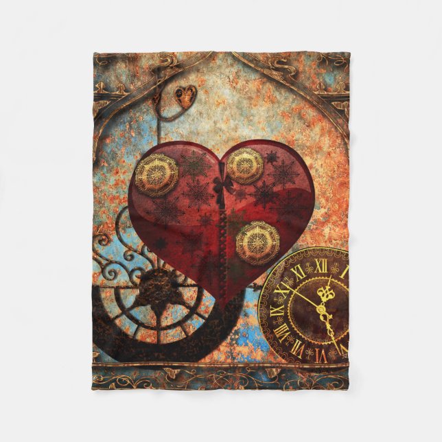 Vintage Steampunk Hearts Wallpaper Fleece Blanket (Front)
