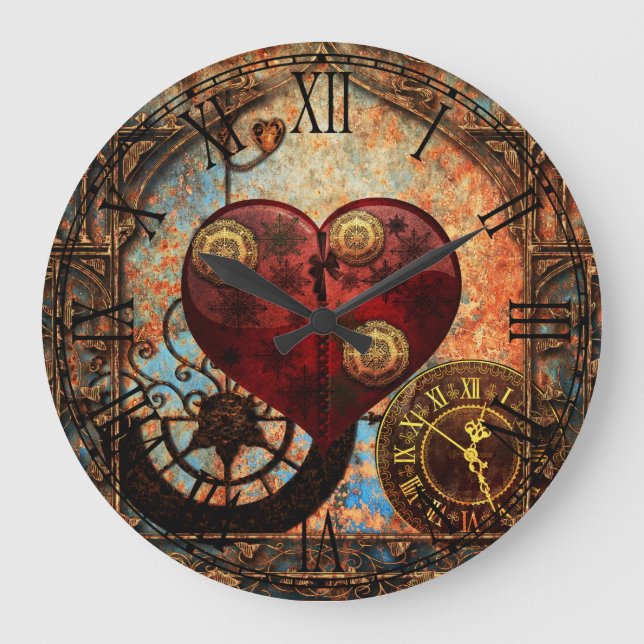 Vintage Steampunk Hearts Wallpaper Large Clock (Front)