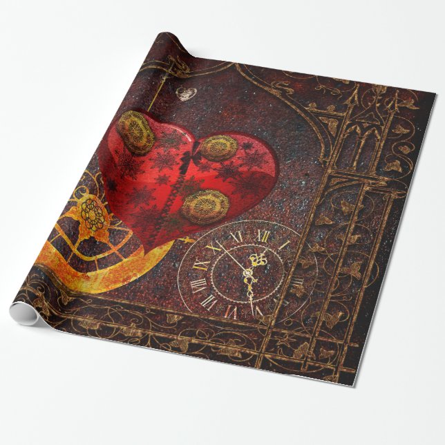 Vintage Steampunk Hearts Wallpaper Wrapping Paper (Unrolled)
