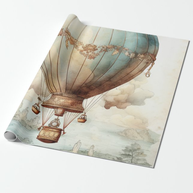 Vintage Steampunk Hot Air Balloon (2) Wrapping Paper (Unrolled)