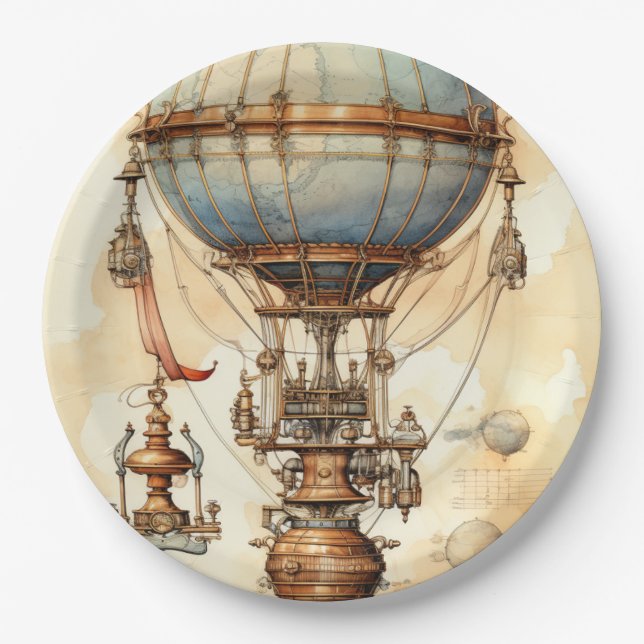 Vintage Steampunk Hot Air Balloon (3) Paper Plate (Front)