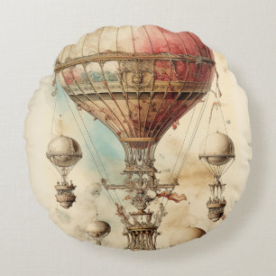 Vintage Steampunk Hot Air Balloon (4) Round Cushion