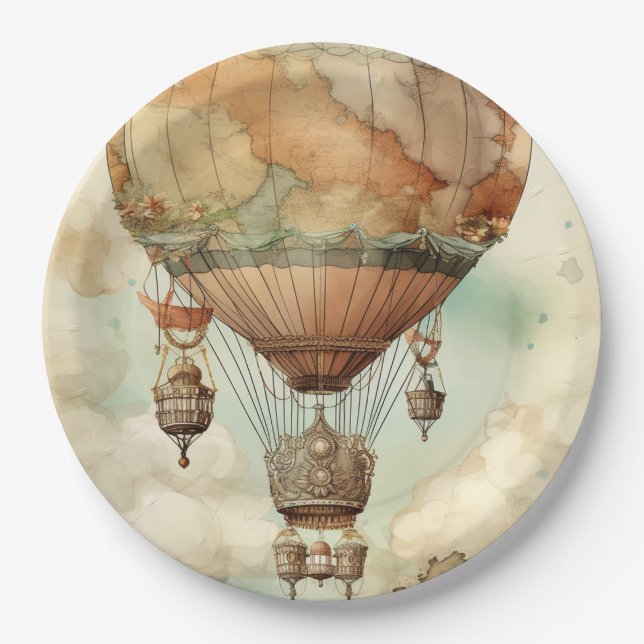 Vintage Steampunk Hot Air Balloon (5) Paper Plate (Front)