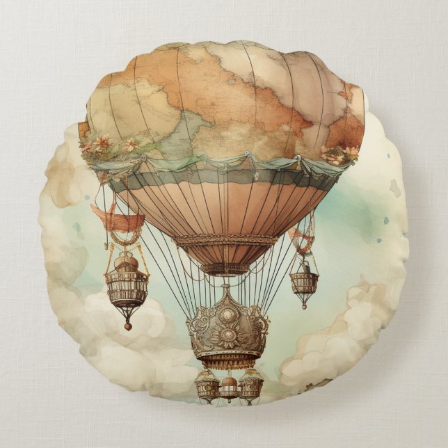 Vintage Steampunk Hot Air Balloon (5) Round Cushion (Front)