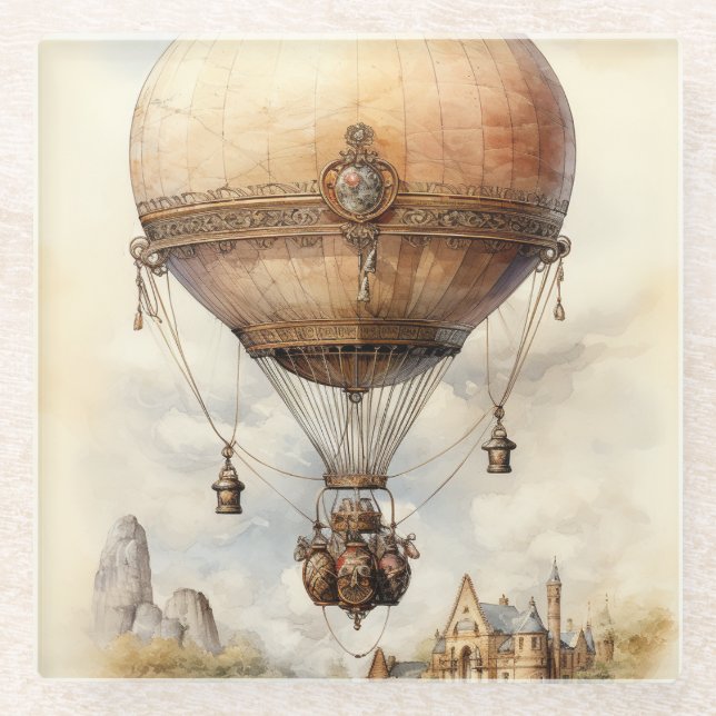 Vintage Steampunk Hot Air Balloon Glass Coaster (Front)