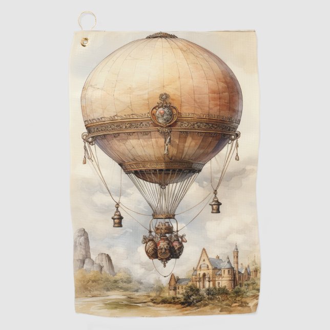 Vintage Steampunk Hot Air Balloon Golf Towel (Front)