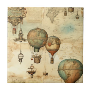 Vintage Steampunk Hot Air Balloon Sepia Tile