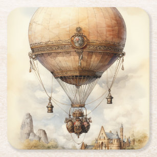 Vintage Steampunk Hot Air Balloon Square Paper Coaster