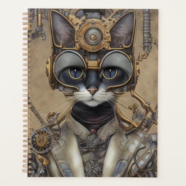 Vintage Steampunk Mechanical Cat Planner (Front)