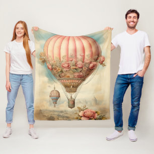 Vintage Steampunk Pink Floral Hot Air Balloon Fleece Blanket