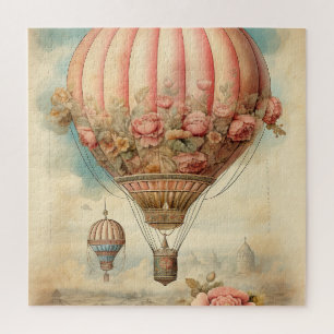 Vintage Steampunk Pink Floral Hot Air Balloon Jigsaw Puzzle