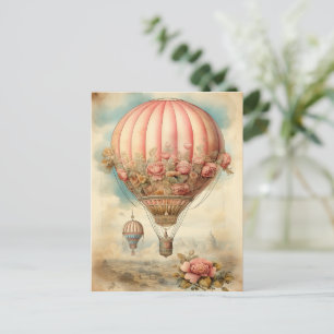Vintage Steampunk Pink Floral Hot Air Balloon Postcard