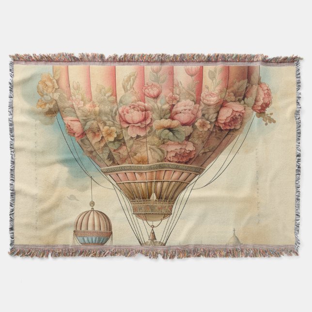 Vintage Steampunk Pink Floral Hot Air Balloon Throw Blanket (Front)