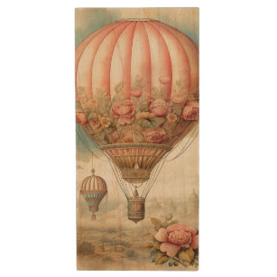 Vintage Steampunk Pink Floral Hot Air Balloon Wood USB Flash Drive