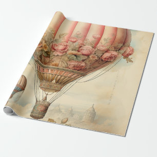 Vintage Steampunk Pink Floral Hot Air Balloon Wrapping Paper