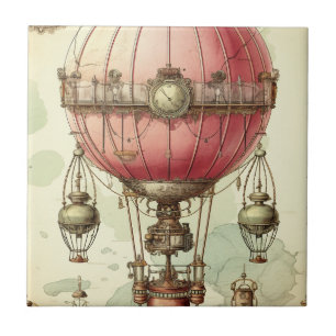 Vintage Steampunk Pink Hot Air Balloon (2) Tile
