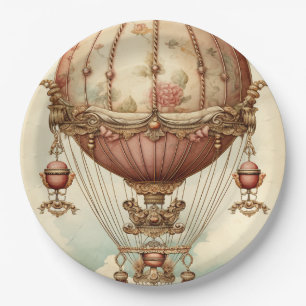 Vintage Steampunk Pink Hot Air Balloon Paper Plate