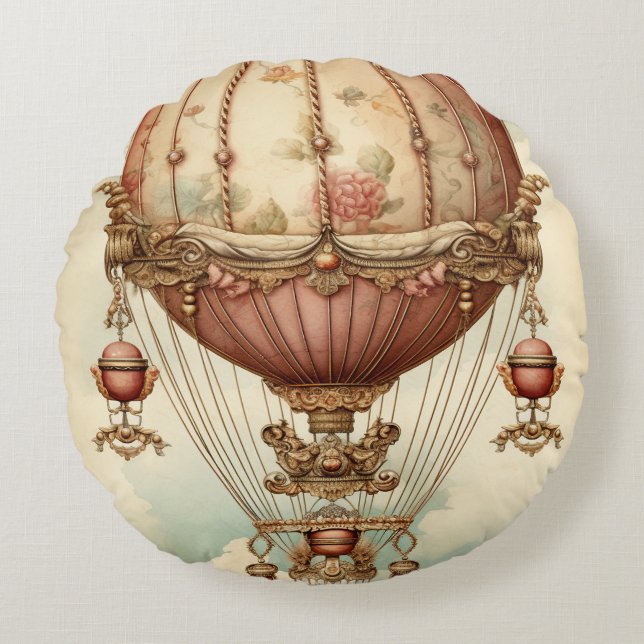 Vintage Steampunk Pink Hot Air Balloon Round Cushion (Front)