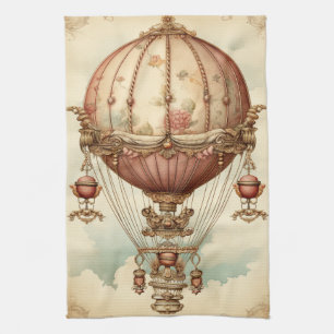 Vintage Steampunk Pink Hot Air Balloon Tea Towel
