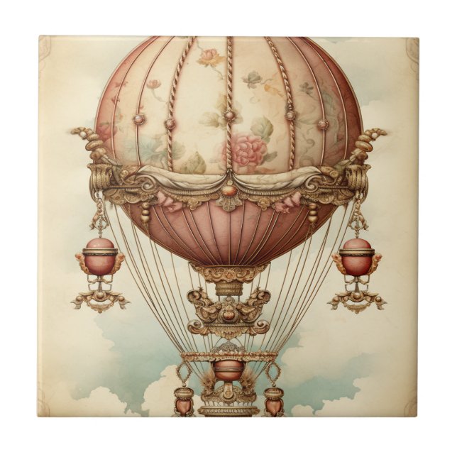 Vintage Steampunk Pink Hot Air Balloon Tile (Front)