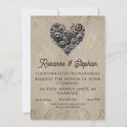 Vintage Steampunk Retro Heart of Gears Wedding Invitation