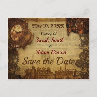 Vintage Steampunk Save the Date Train Clock Cogs Announcement Postcard