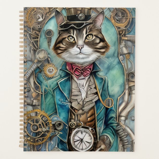 Vintage Steampunk Tabby Cat Planner (Front)