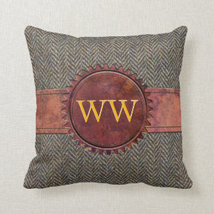 Vintage Steampunk Tweed and Leather Monogram Cushion