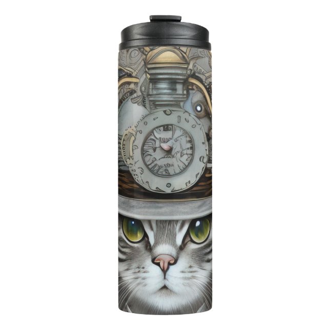 Vintage Steampunk Victorian Cat Thermal Tumbler (Front)