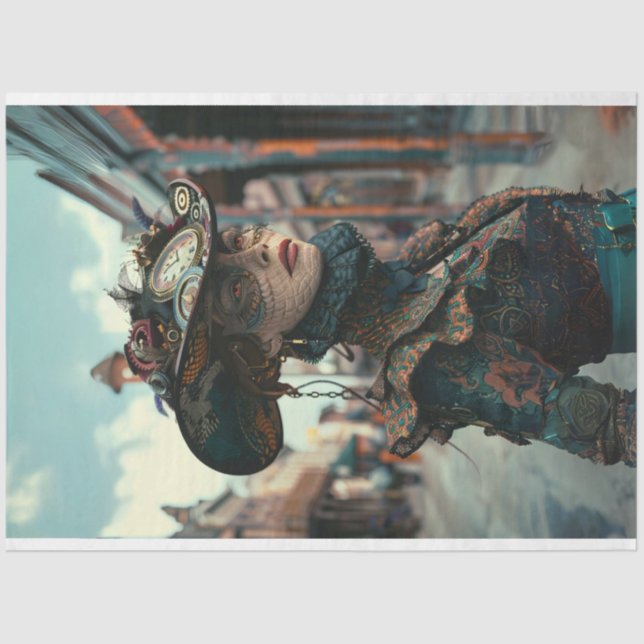 Vintage Steampunk Woman Alligator  Decoupage Tissue Paper (Front)