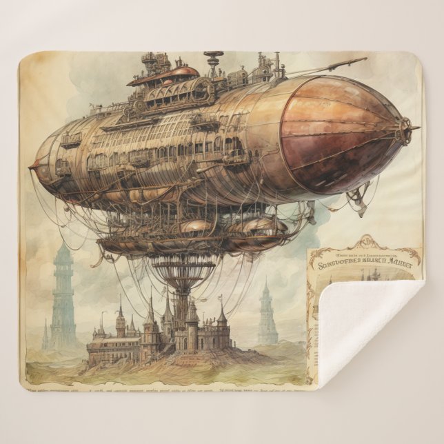 Vintage Steampunk Zeppelin (10) Sherpa Blanket (Front (Horizontal))