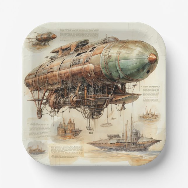 Vintage Steampunk Zeppelin (4) Paper Plate (Front)