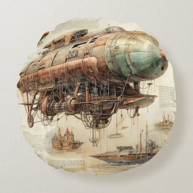 Vintage Steampunk Zeppelin (4) Round Cushion (Front)