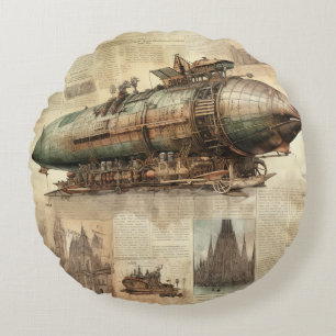 Vintage Steampunk Zeppelin (5) Round Cushion