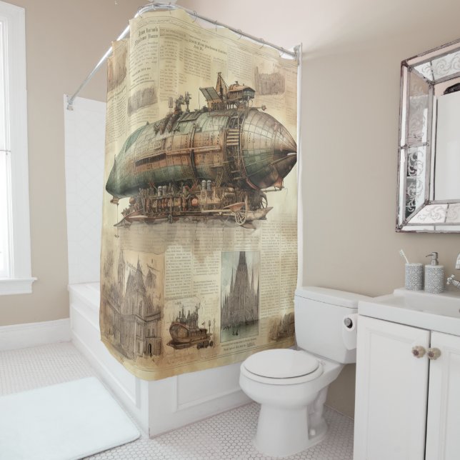 Vintage Steampunk Zeppelin (5) Shower Curtain (In Situ)