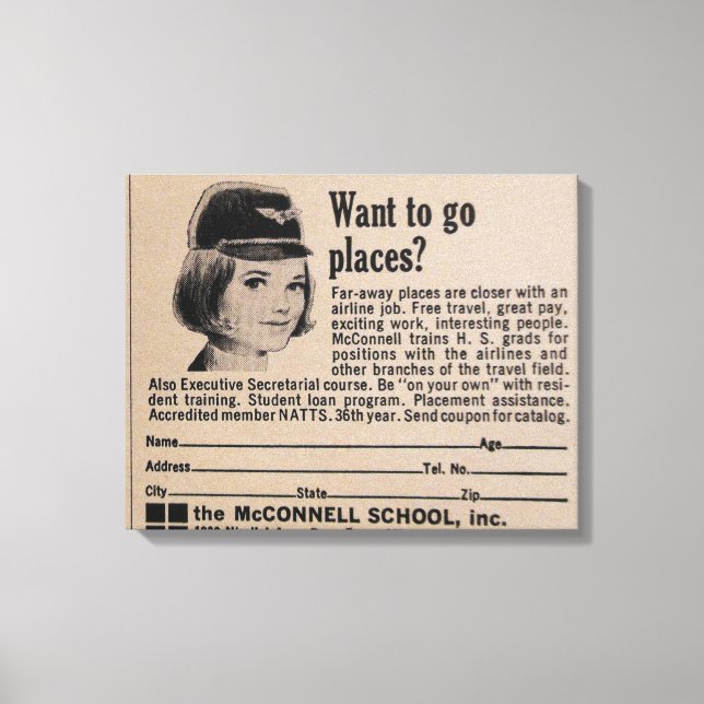 Vintage Stewardess Airline Career Canvas Print (Front)