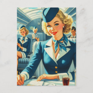 Vintage Stewardess Illustration Postcard