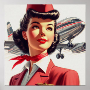 Vintage Stewardess Illustration Poster