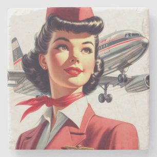 Vintage Stewardess Illustration Stone Coaster
