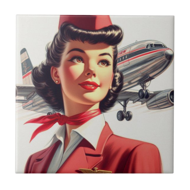 Vintage Stewardess Illustration Tile (Front)