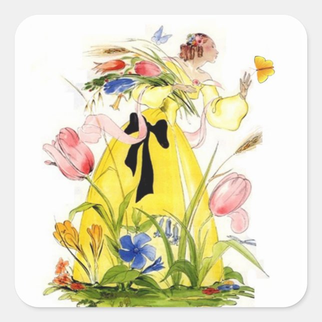 Vintage Sticker Garden Lady Reaching For Butterfly (Front)