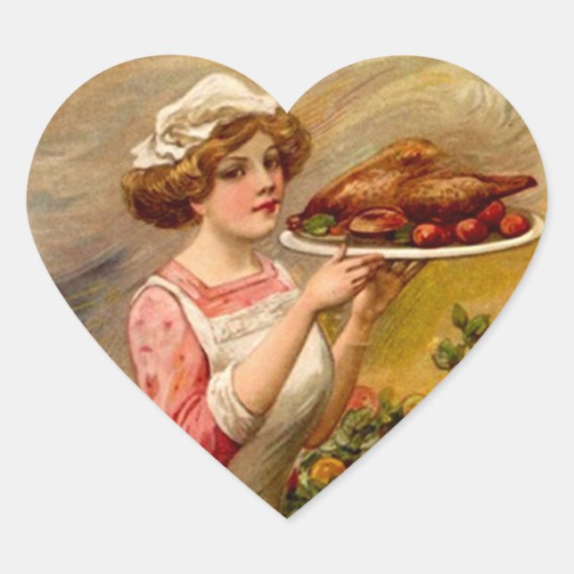 Vintage Sticker Thanksgiving Dinner Lady w/ Turkey (Front)